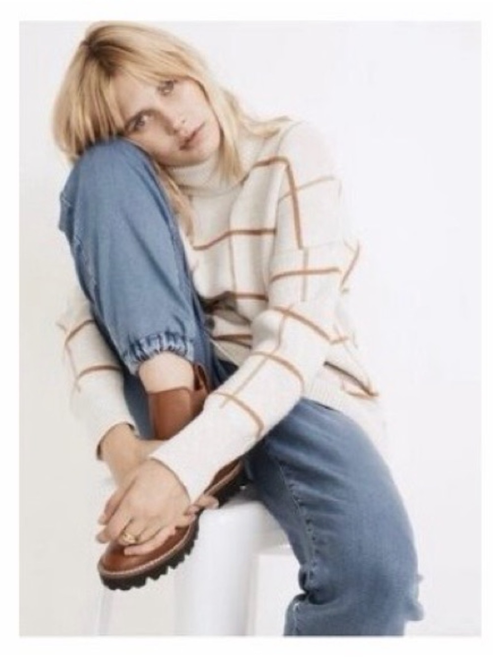 Madewell Cream & Tan Windowpane Turtleneck Sweater